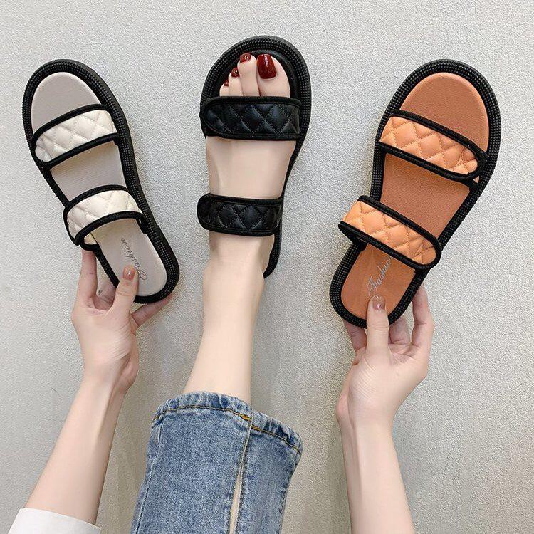 TOPGROSIR GR1503 Korean Sandal Slip Flat  Import Tali Dua Motif Garis Kotak