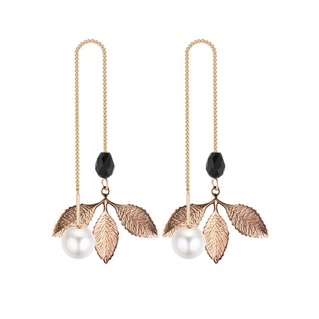 LRC Anting Tusuk Elegant Black Pearls&amp;leaf Decorated Tassel Earrings