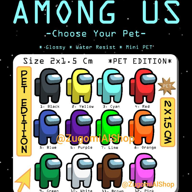 Stiker / sticker VINYL Among Us PET mini (2x1,5Cm) FullSet isi 12 Warna