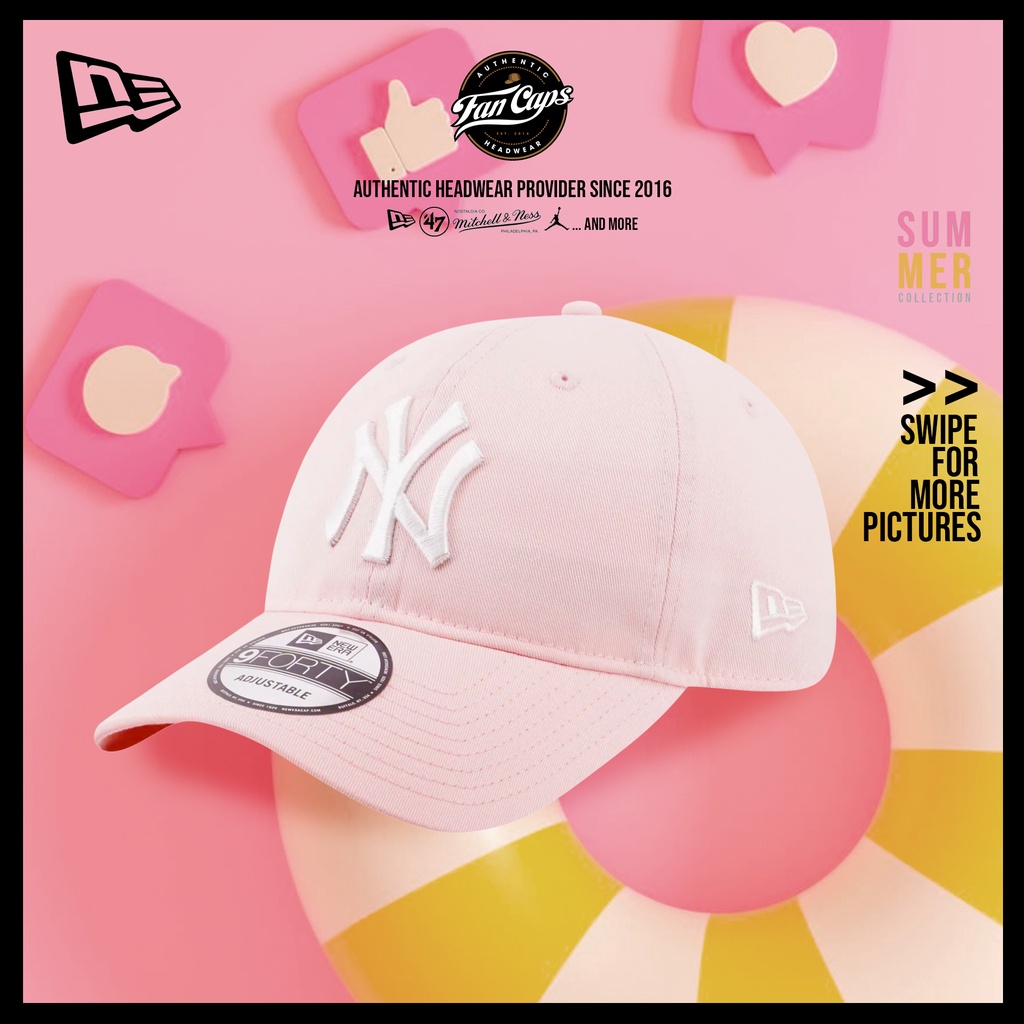 Topi New Era Original MLB New York Yankees League Essential 9FORTY warna Pink Muda | FREE GIFT BOX