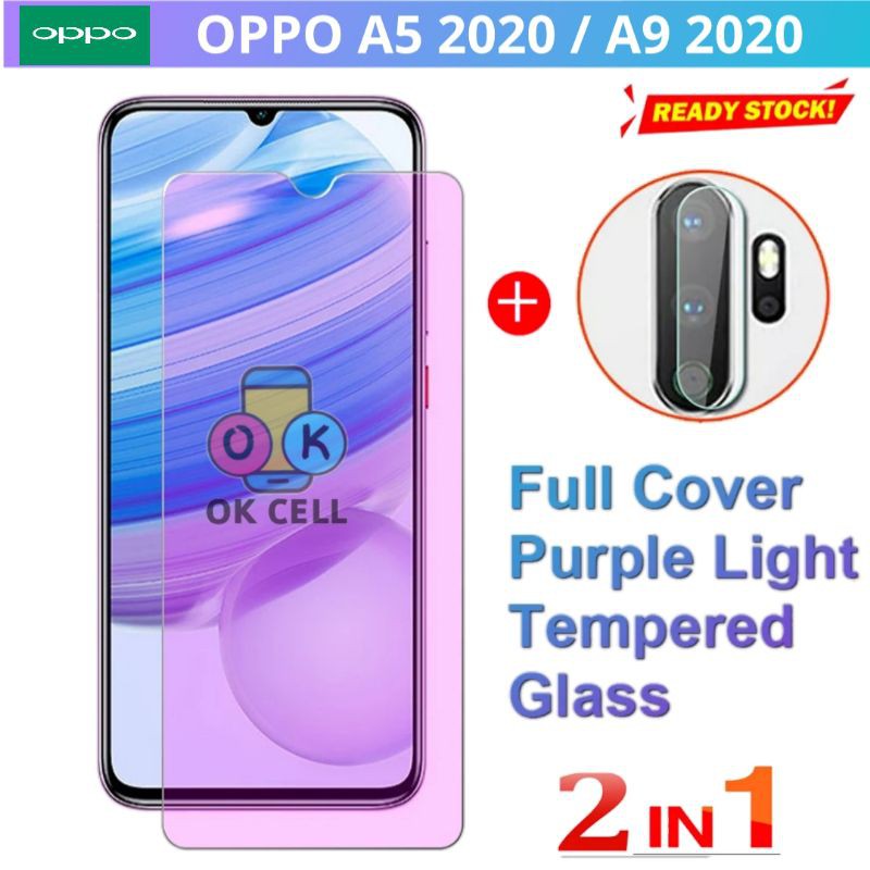 2in1- Tempered Glass TG Anti Gores Blue Light Radiasi Oppo A5 A9 2020 TG Layar Kamera Belakang