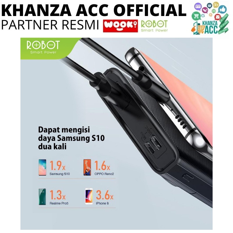 KHANZAACC PowerBank ROBOT 10000mAh RT190 Dual Input Port Type C &amp; Micro USB Original Bergaransi