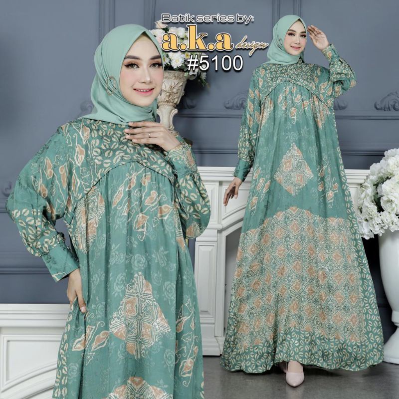 [5100]Gamis Batik Semi Sutra Resleting Depan Tangan Kancing // Kode AKA