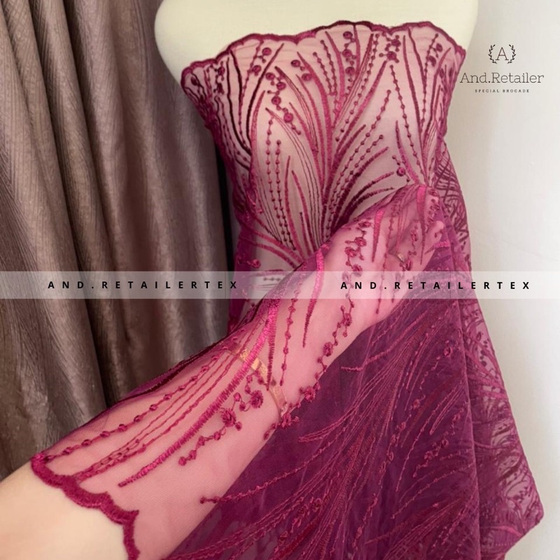 Bahan Kebaya Brokat Tile Gloria Exclusive Warna Merah Tua Merah Hati