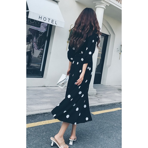 TASHAPPY BS008 Wrap Dress Maxi Black Polkadot Wanita Cantik Kekinian model korea supplier baju import