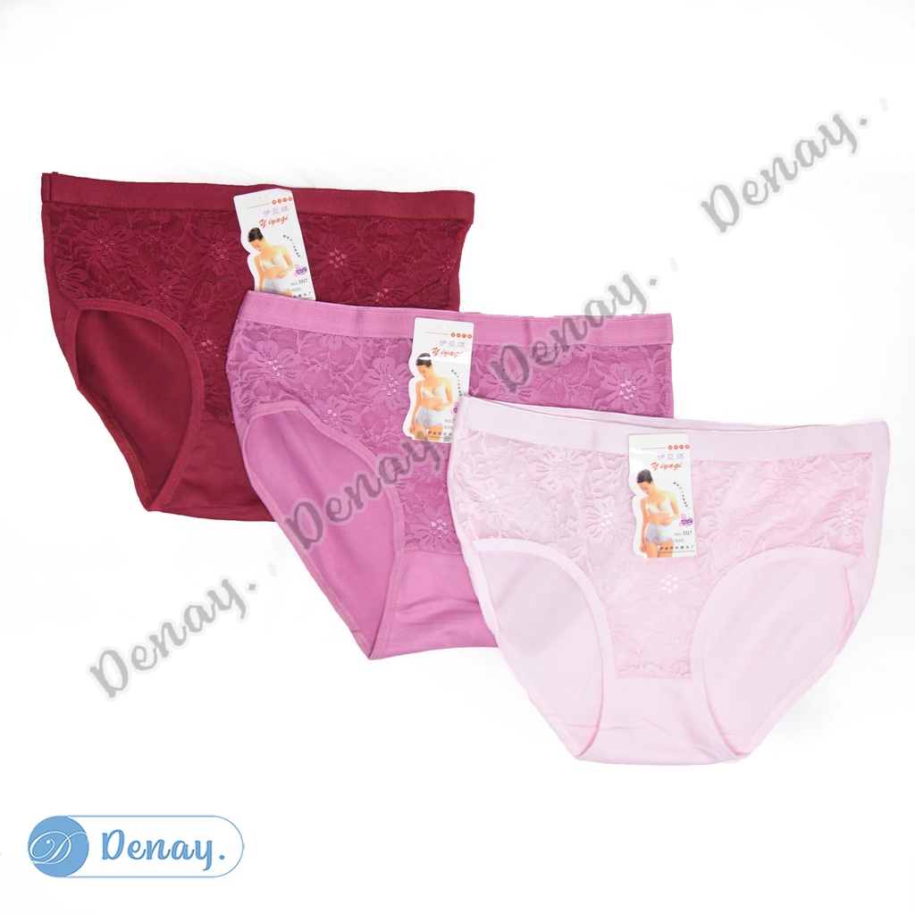 Tokodenay - Celana Dalam Wanita Dewasa - CD Brukat Polos Ujiyagi 3317 - Spandex Premium Quality - Isi 12 Pcs