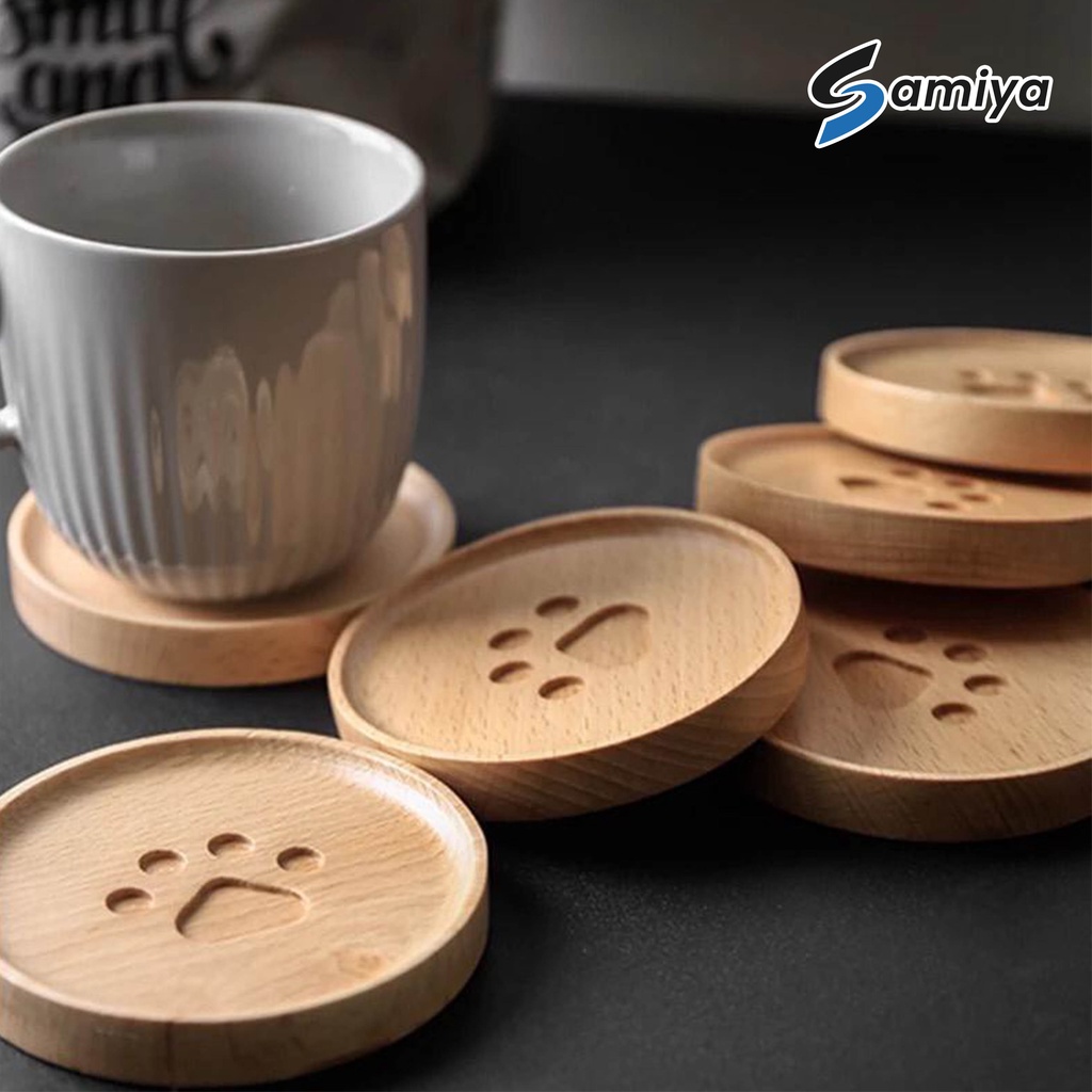 cat paw wooden coaster pad / coffee cup mat round soft wooden / alas tatakan cangkir gelas kayu