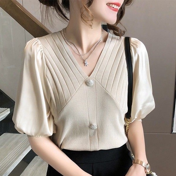 3523 Baju Atasan Pakaian kemeja blouse blus blose lengan pendek polos balon kerah Vi vineck cewek Ko