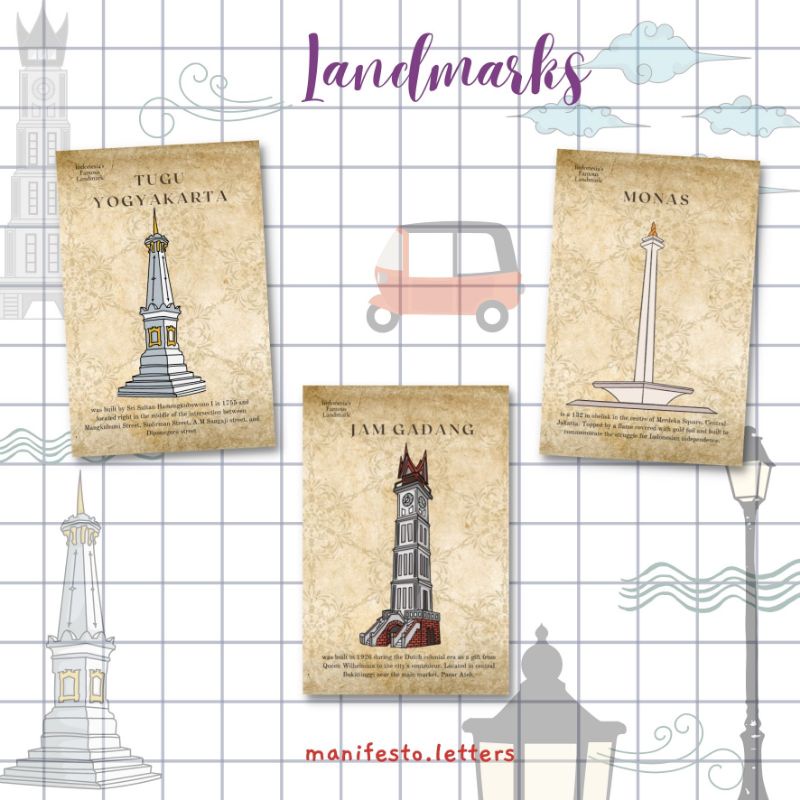 

Postcard Landmark | Kartu Pos Monumen Indonesia | Monas | Jam Gadang | Tugu Yogya
