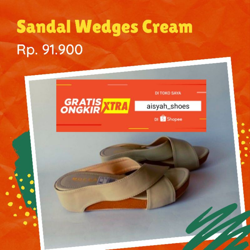 Sandal wedges cream, sandal wedges wanita, sandal wedges santai, sandal wedges warna