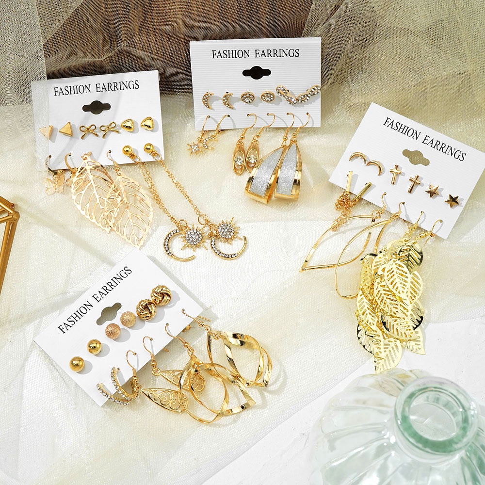 6 Pasang / Set Anting Drop Bahan Logam Warna Emas Gaya Elegan Untuk Wanita