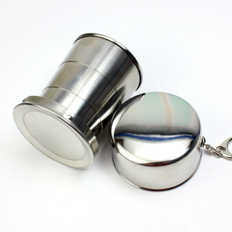 75ml Stainless Steel Cangkir Lipat Perjalanan Luar Ruangan Camping Portable Collapsible Water Cups with Keychain Lid Hiking Olahraga Mug Cangkir Teh