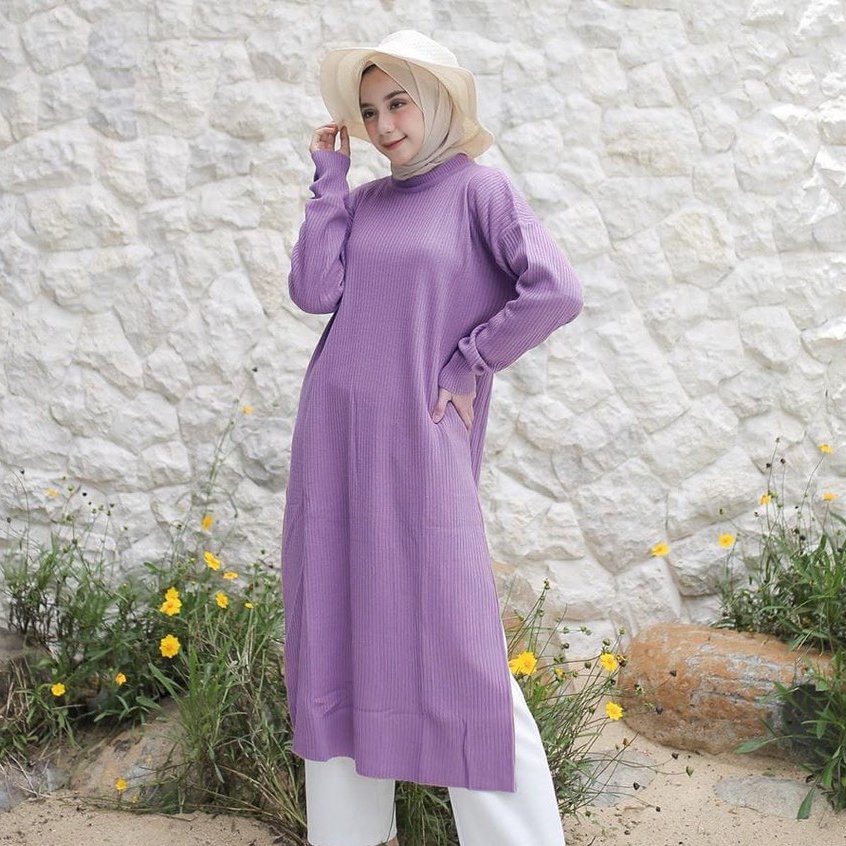 Elysa Long Tunik FREE BELT Baju Rajut Wanita  Remaja Tebal Premium Import Terbaru Jumbo  Tunic Belah