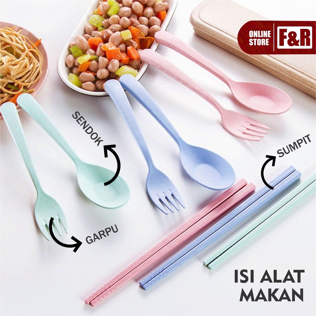 1 Set Alat Makan Sendok Garpu Sumpit + Box Plastik Jerami Wheat Straw Portable Travel Cutlery