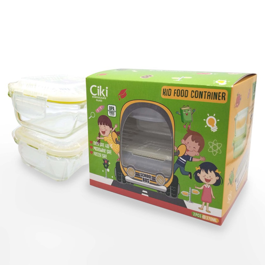 CIKI Glass Kid Food Container Wadah Kaca Mpasi Makanan Anak Bayi 370ml Isi 2