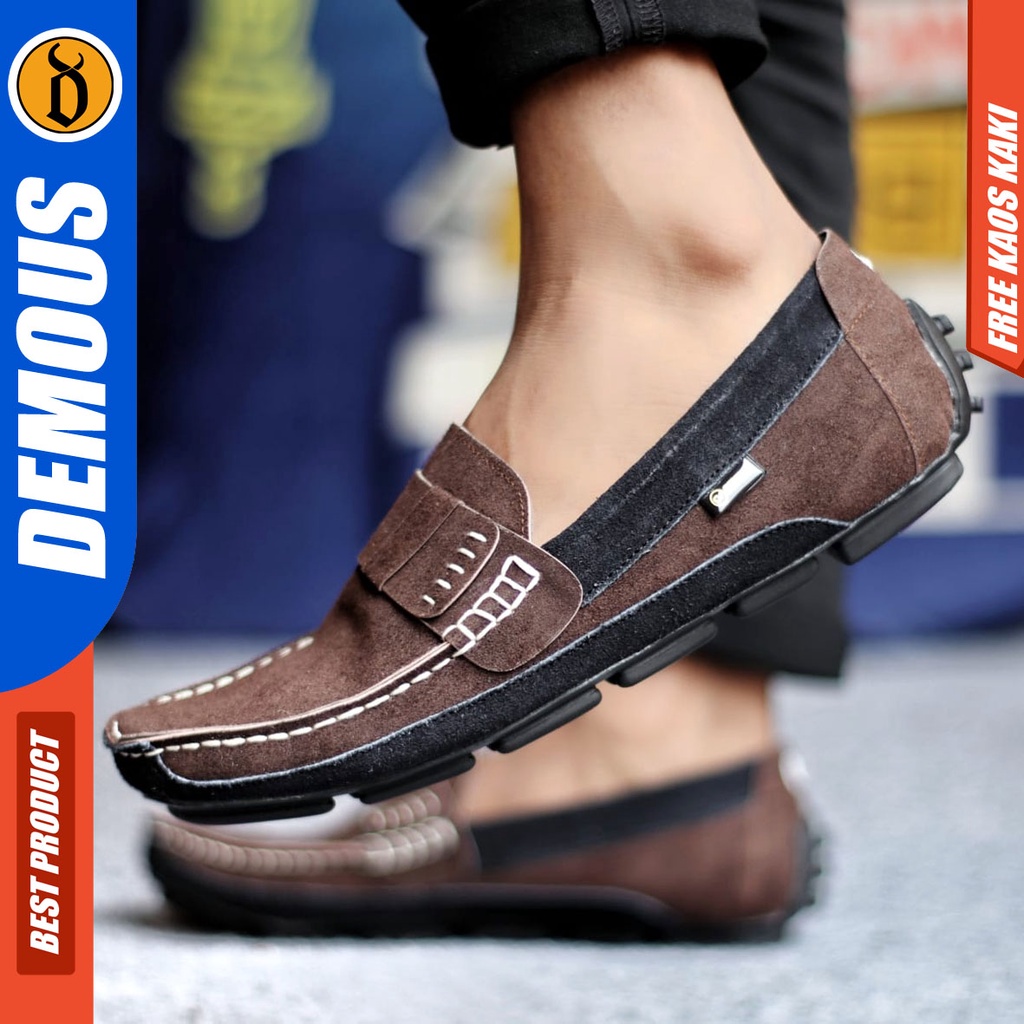 DEMOUS AHARON Sepatu Slip On Casual Slop Kulit Suede Kasual Selop