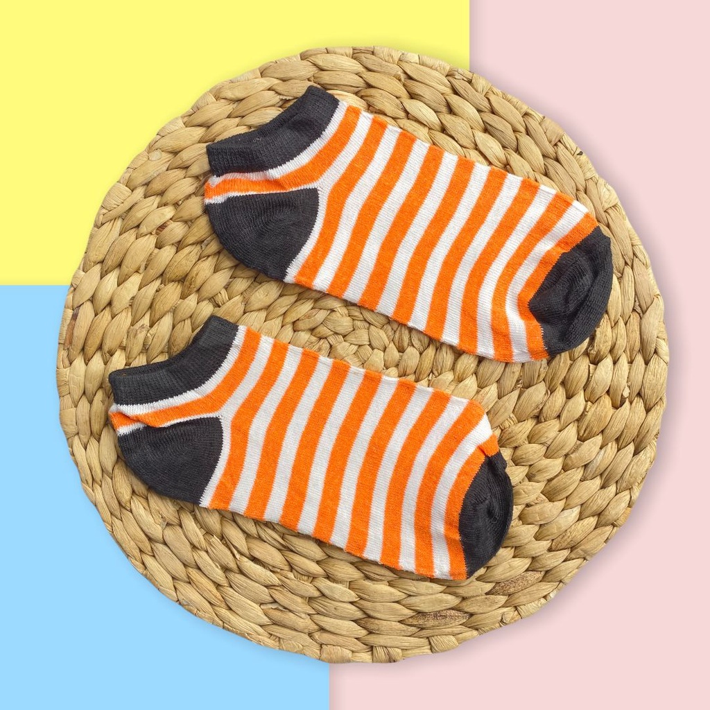HC Kaos Kaki Ankle Polos Wanita KaosKaki Pendek Korea Murah Short Socks Kaos Kaki Motif Love Garis Murah-3 GARIS HITAM OREN