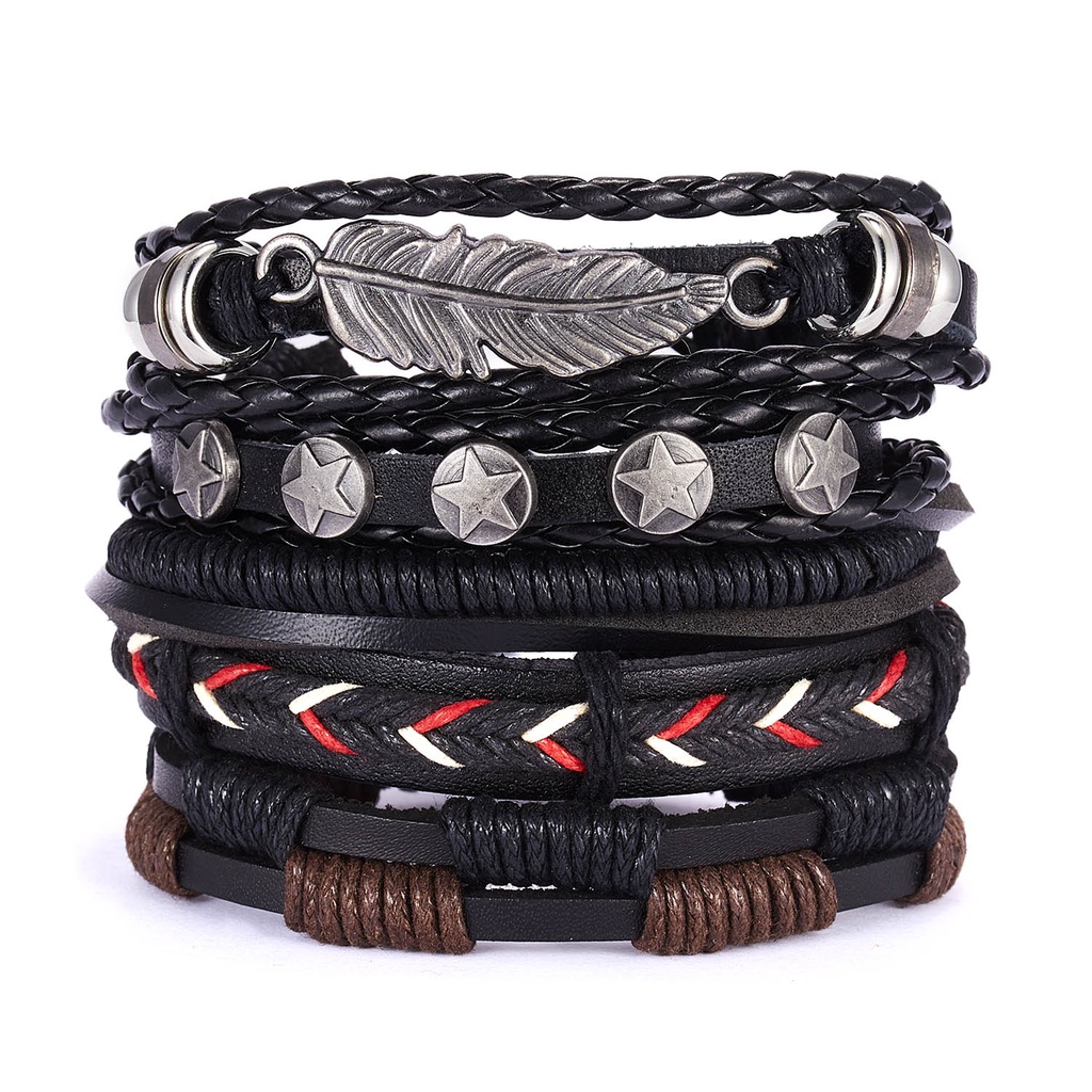 5 / 6 Pcs Gelang Bahan Kulit Woven Adjustable Untuk Pria