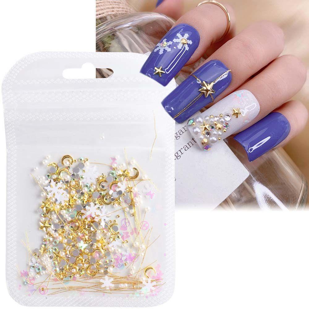 Mxbeauty Natal Dekorasi Kuku Wanita Fashion Kuku Foil Emas Manikur Aksesoris Bulan Bintang 3D Nail Jewelry