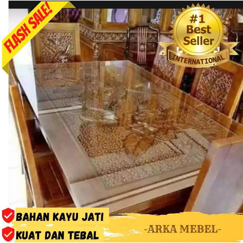 MEJA MAKAN 6 KURSI JATI dan KACA MINIMALIS MURAH