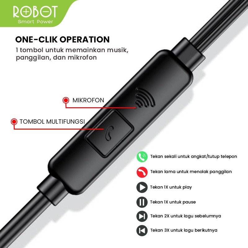 ROBOT Headset RE801 Wired Earphone Bass Android iPhon Original - Garansi 1 Tahun