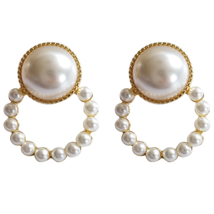 Anting Tusuk Gold Geometric Circle Pearl Earrings Sterling (Takota 035)