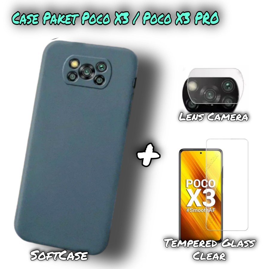 PROMO 3in1 Soft Case POCO X3 PRO Paket Soft Case Tempered Glass Clear dan Pelindung Kamera Handphone