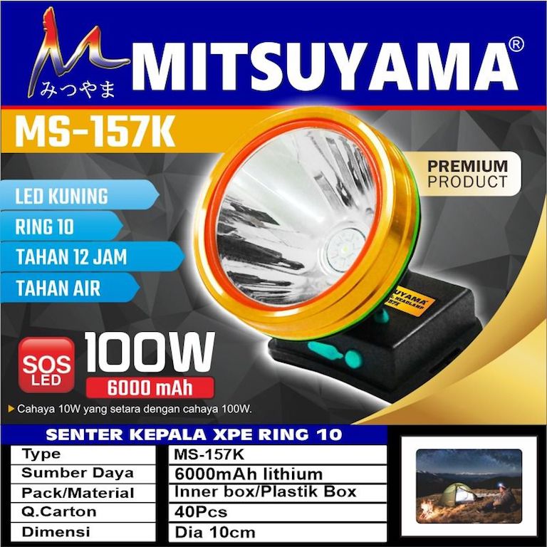 Mitsuyama Senter Kepala LED Super Terang Lithium MS 157K LAMPU KUNING 100 Watt Super LED Rechargeable FREE Cable Bundle 12 JAM