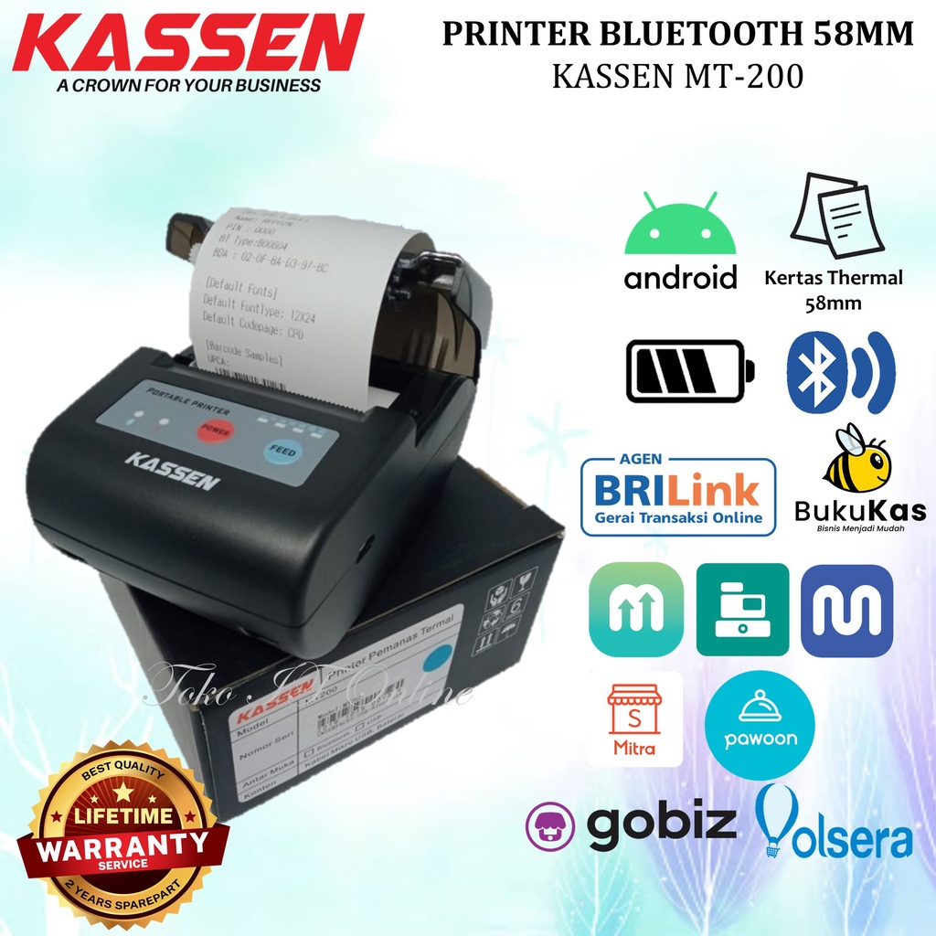 Kassen MT 200VL / MT 200 Mini Printer Thermal Bluetooth Portable MT 200VL  / MT200 PPOB Cetak Struk Kasir 58mm Moka Pawoon Olsera Majoo