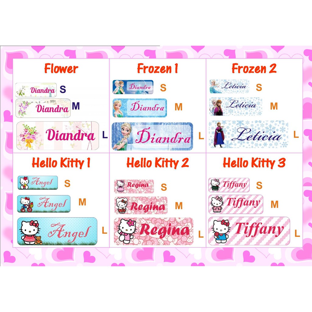 

STIKER STICKER LABEL NAMA WATERPROOF BASIC: FLOWER , FROZEN , HELLO KITTY