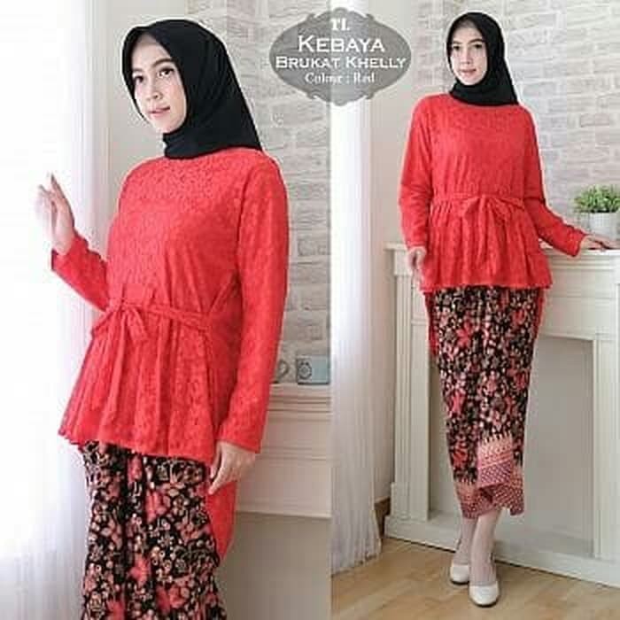 Set Kebaya Brukat Khelly Merah Pakaian Wanita Kebaya Modern