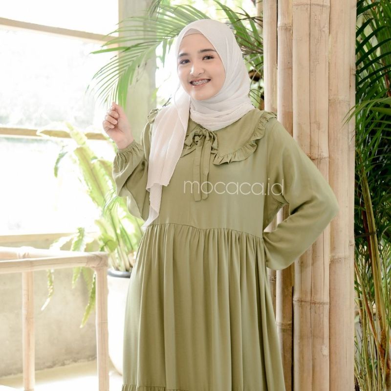 Midi Dress Kerah Renda Tali Katun Rayon Twill Premium Hitam Putih Olive Fuschia hijau kuning biru babyblye soft busui friendly babydoll polos  susun korea putih bersih broken white tulang