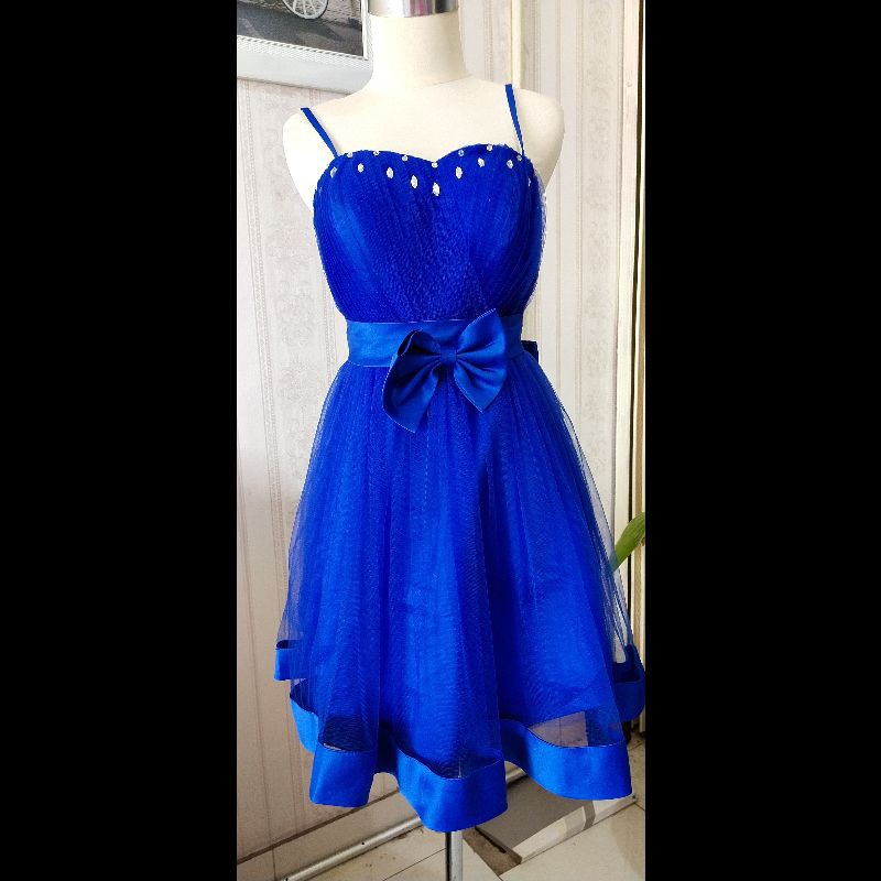 mini dress biru elektrik/gaun pesta pagar ayu/dress pesta keluarga preloved