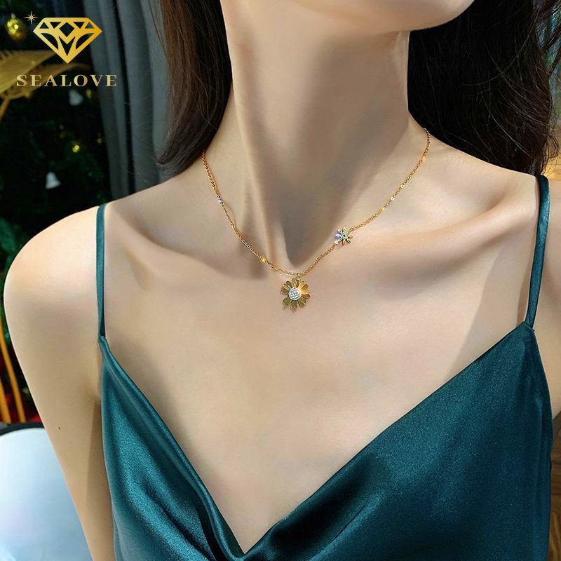 SEALOVE Kalung Anting Set Daisy Wanita kalung titanium anti karat dan luntur 18k Emas Perhiasan Premium Korea