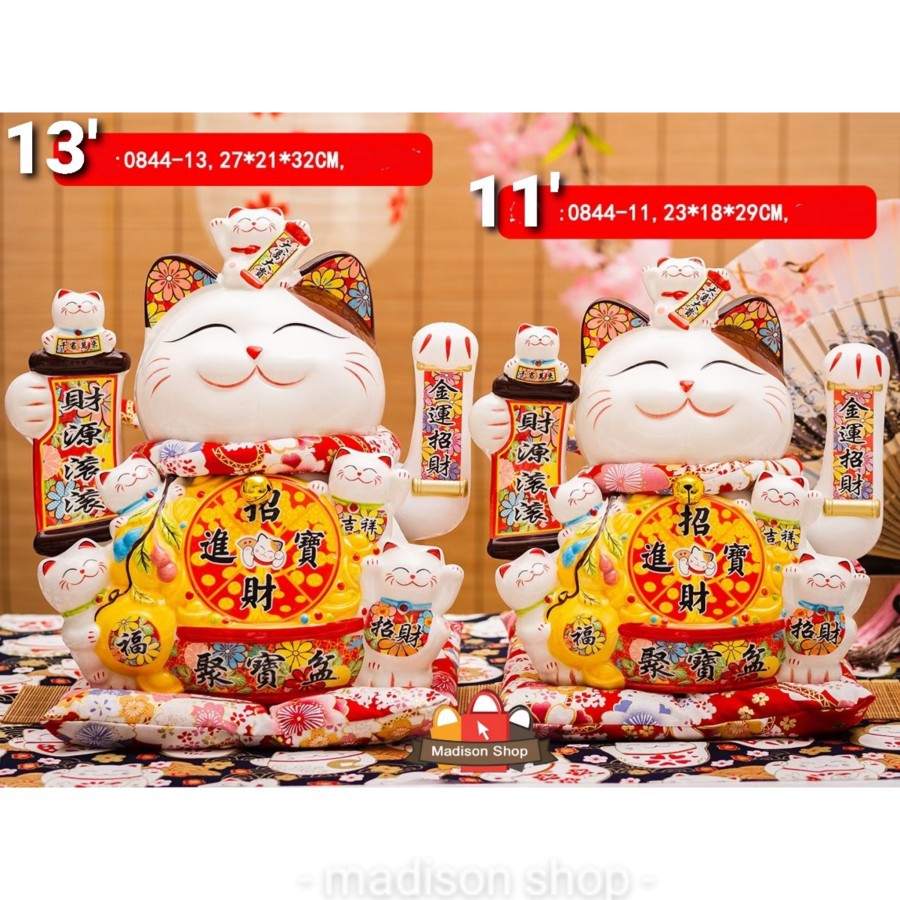 Maneki Neko Tangan Goyang Pajangan Kucing Hoki Besar Jumbo Patung Kado - 13 Inch