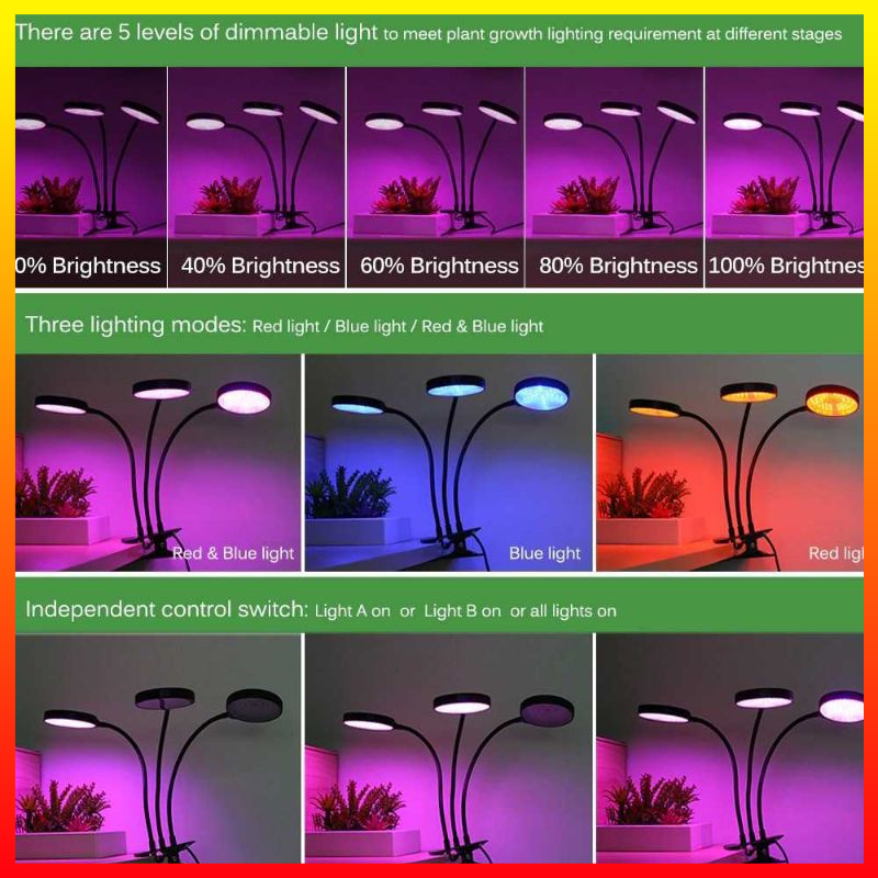 Lampu LED Tanaman Full Spektrum Pengatur Waktu Otomatis 5 Tingkat Kecerahan Phytolamp Fitolamp Grow 3 Kepala 45W GL35 - ONLL01BK