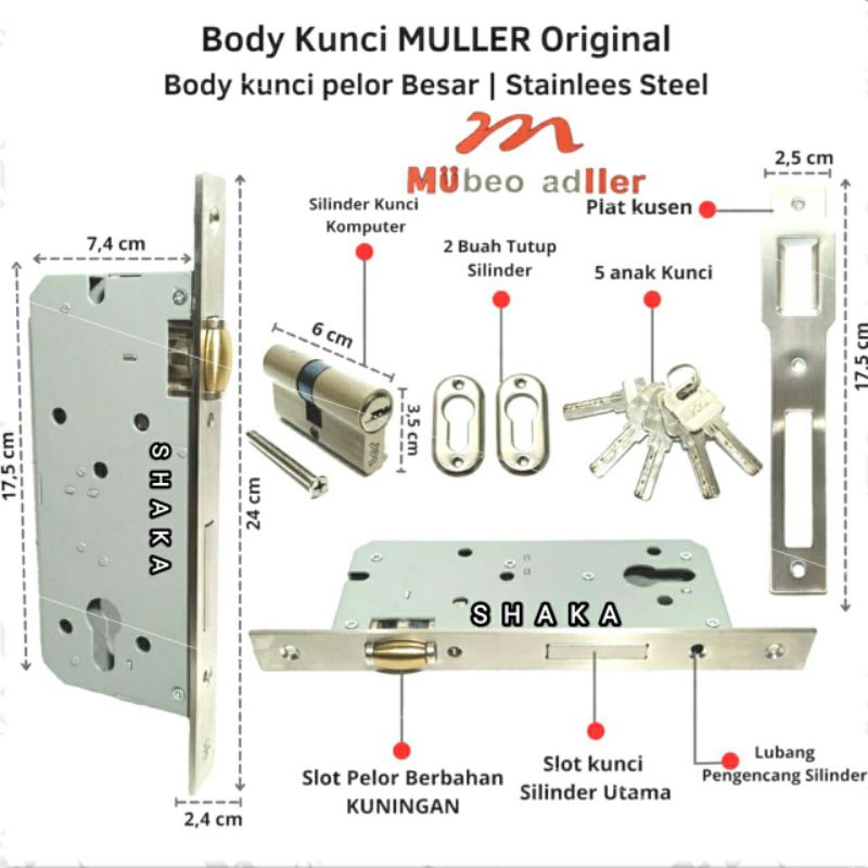 Body kunci pelor merk Muller body kunci pintu rumah stainless kunci pintu slot kunci pintu rumah