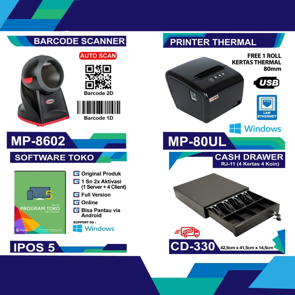 PAKET KOMPUTER KASIR PROGRAM TOKO IPOS 5.0 STANDART BARCODE SCANNER PRINTER THERMAL 80MM AUTOCUTTER 