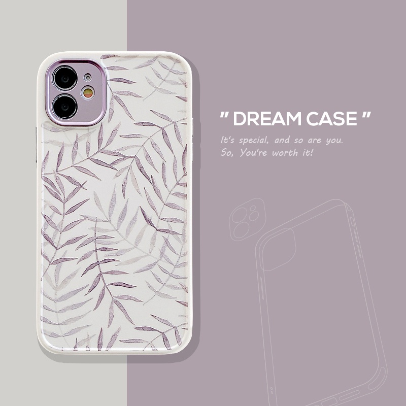 Case Pelindung Kamera Motif Daun Ungu Bahan TPU Shockproof Untuk IPhone 11 12 13 Pro Max Xr X Xs Xsmax 7 8 Plus