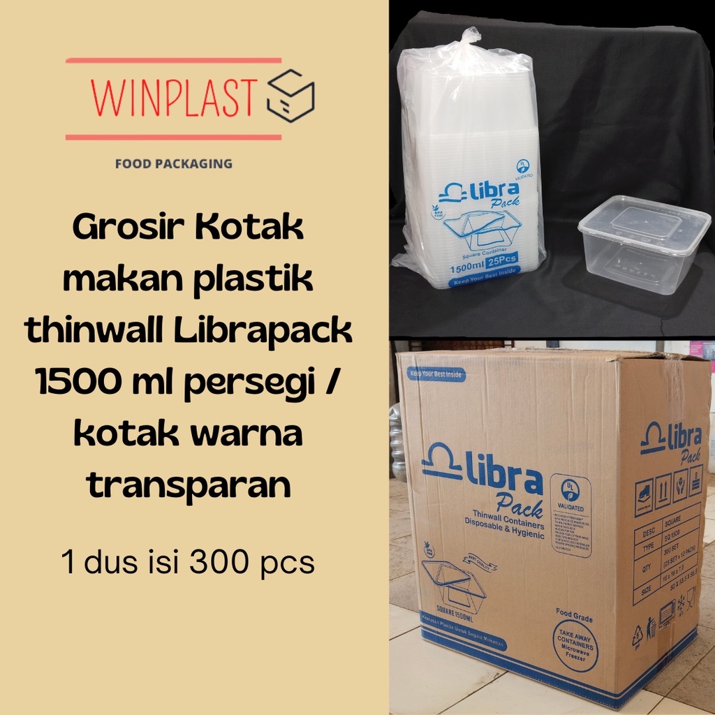 Grosir kotak makan thinwall Librapack 1500ml persegi warna transparan isi 300 pcs