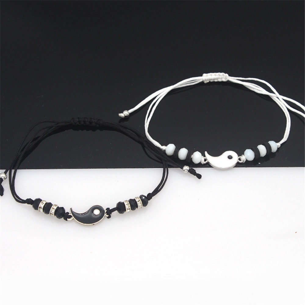 2Pcs Tai Chi Bagua Yin Yang Hitam dan Putih Tenunan Tangan Gelang Pasangan untuk Pria dan Wanita Dapat Disesuaikan