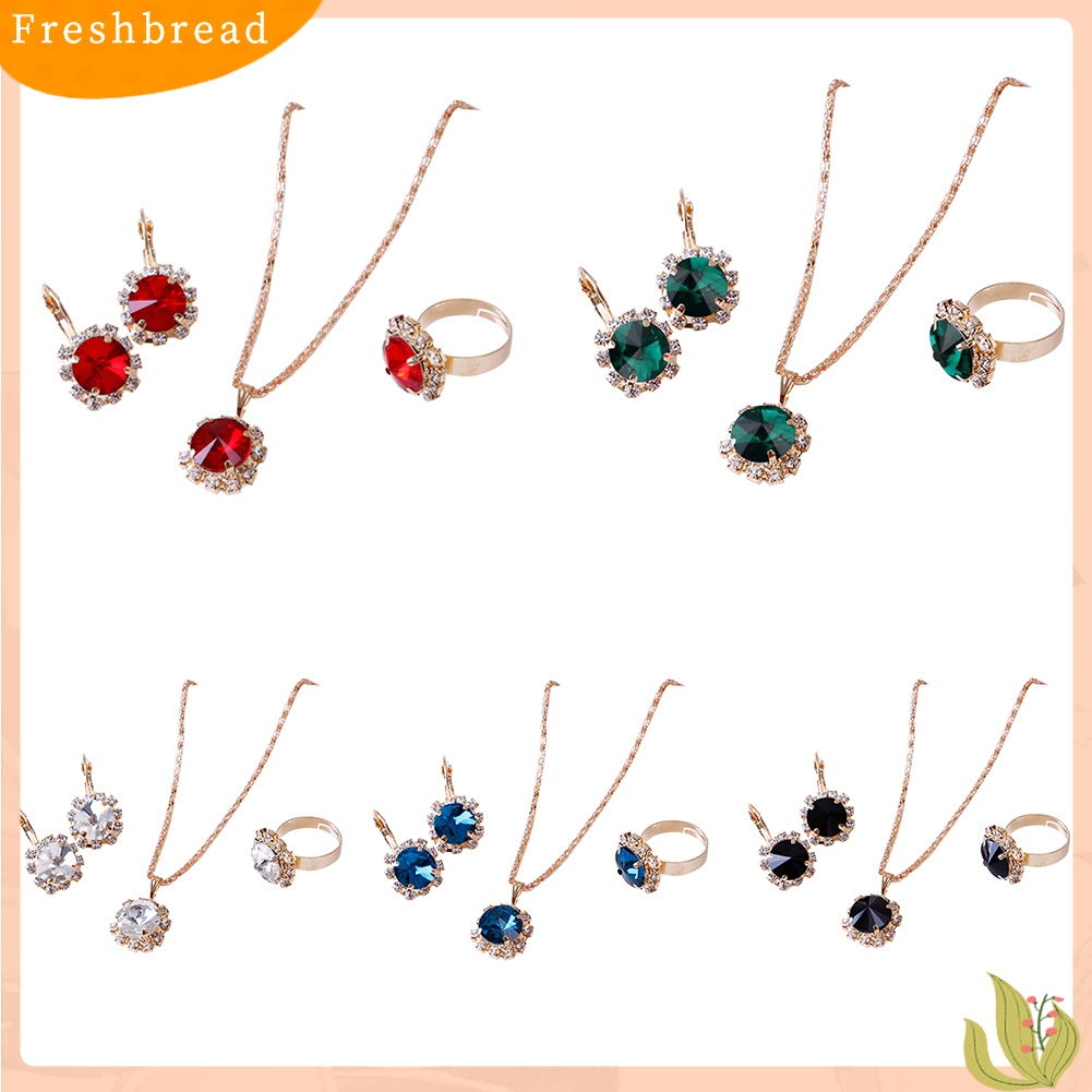 Fresh| Set Kalung Anting Cincin Liontin Berlian Imitasi Bentuk Lingkaran Untuk Wanita