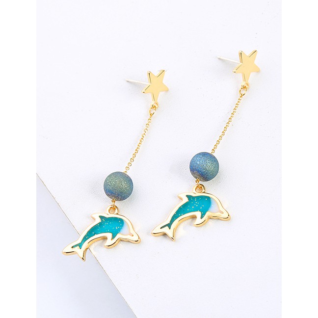 LRC Anting Tusuk Fashion Gold S925 Silver Needle Drip Dolphins Earrings F67648