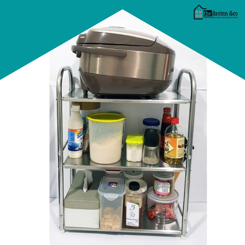 rak susun dapur stainless steel 3 susun portable serbaguna penyimpanan peralatan perlengkapan perabot bumbu dapur kamar mandi kuat kokoh anti karat murah terbaru