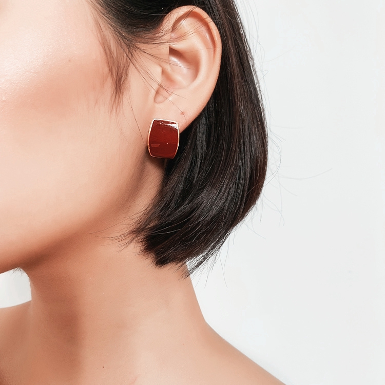 Anting Bentuk Kotak Geometris Burgundy Untuk Wanita Aksesoris vintage Korea