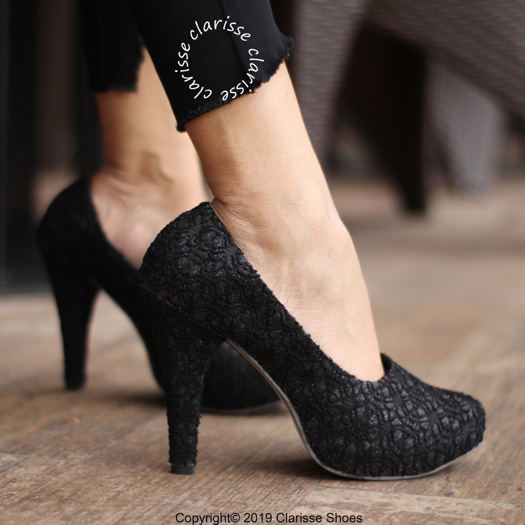 Clarisse Heels FULL BRUKAT REALPICT Cream dan Black Sepatu 