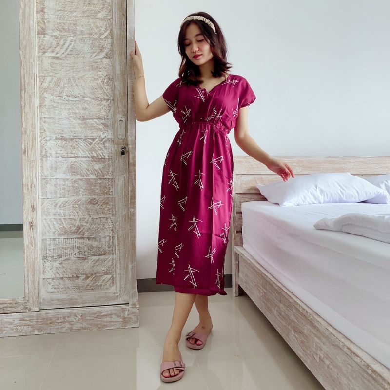 Daster Manohara Dress Manohara All Size Fit to XL Rayon Dress Bali Motif Tiedye Kopi Coffe Motif-Zero maroon