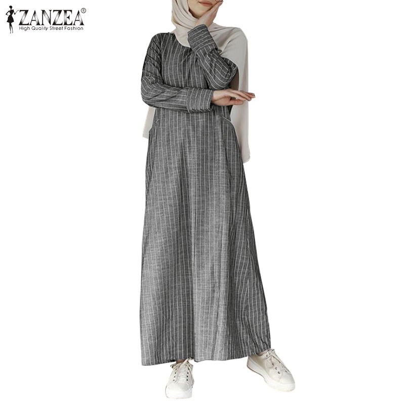 ZANZEA Muslim Women O-neck Striped Long Sleeve Pockets Dress