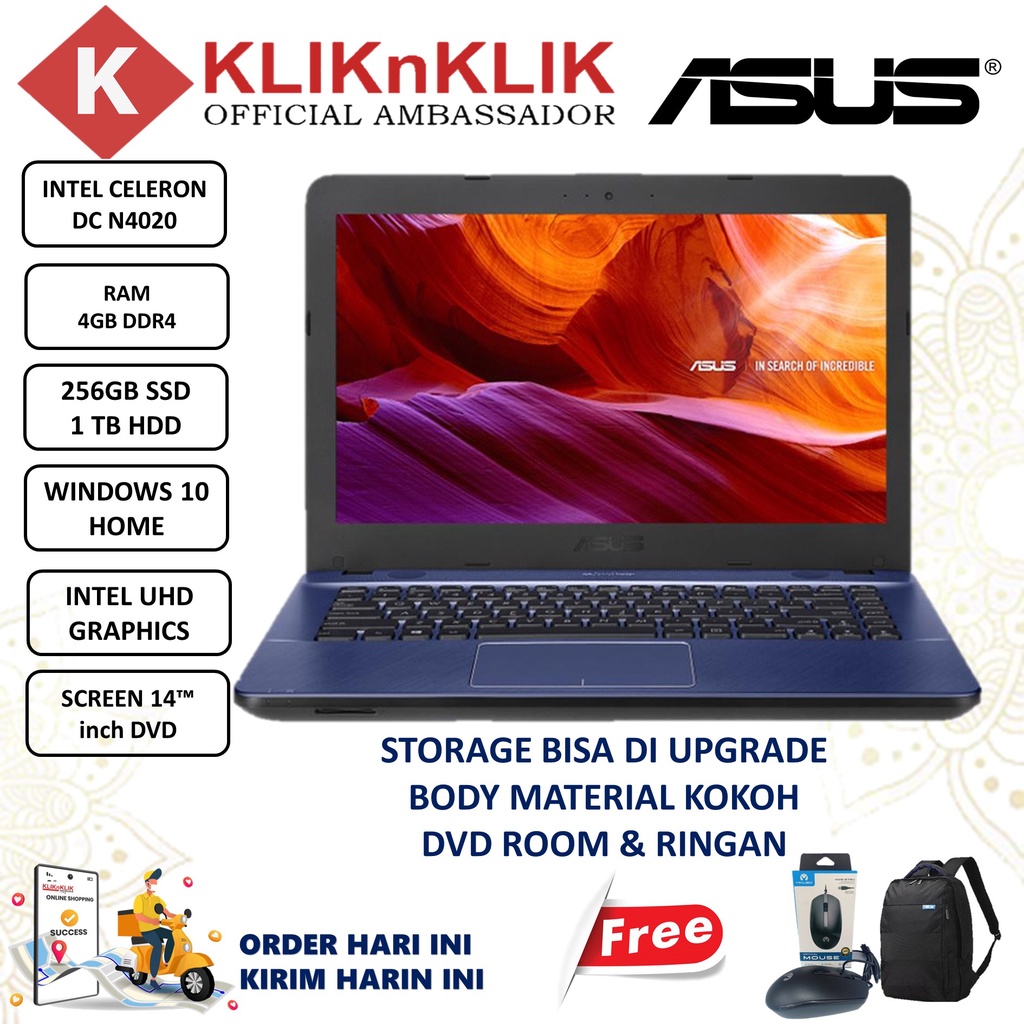 LAPTOP BARU ASUS VIVOBOOK X441MAO ROSE GOLD N4020 RAM 4GB HDD 1TB WIN10 HOME GARANSI 1 TAHUN-6