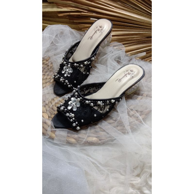 sepatu  Arsy wedding sepatu wedding hitam wanita cantik 3cm kaca